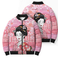 Japanese Geisha Cherry Blossom Bomber Puffer Jacket Pink Palaka Hawaii Pattern Fusion Design