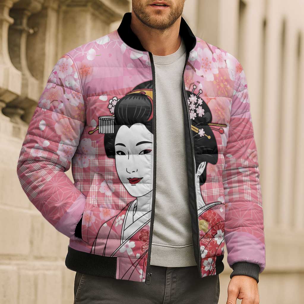 Japanese Geisha Cherry Blossom Bomber Puffer Jacket Pink Palaka Hawaii Pattern Fusion Design