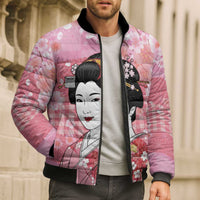 Japanese Geisha Cherry Blossom Bomber Puffer Jacket Pink Palaka Hawaii Pattern Fusion Design