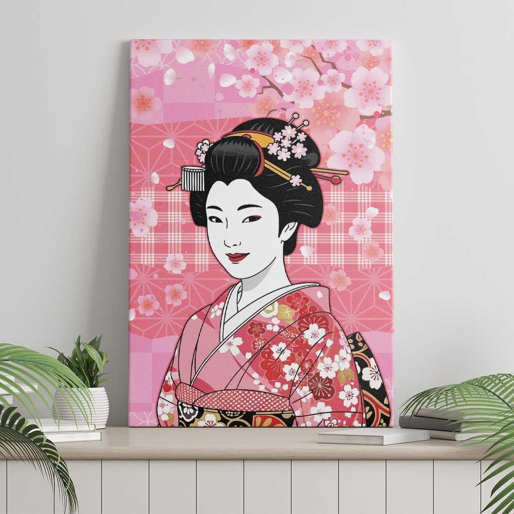 Japanese Geisha Cherry Blossom Canvas Wall Art Pink Palaka Hawaii Pattern Fusion Design