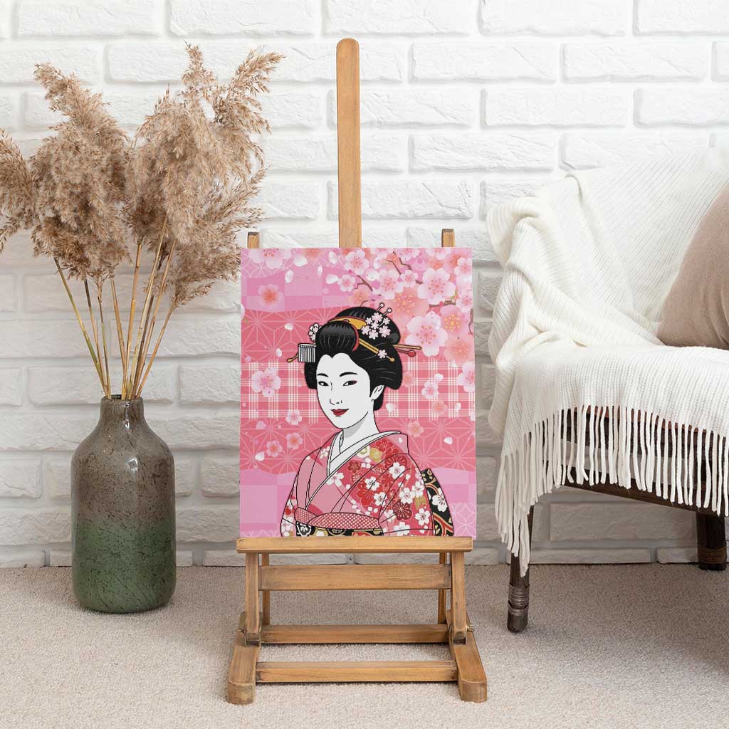 Japanese Geisha Cherry Blossom Canvas Wall Art Pink Palaka Hawaii Pattern Fusion Design