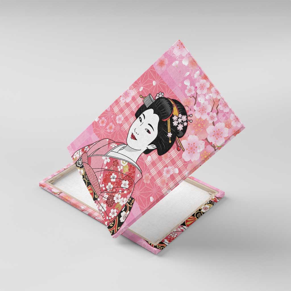 Japanese Geisha Cherry Blossom Canvas Wall Art Pink Palaka Hawaii Pattern Fusion Design
