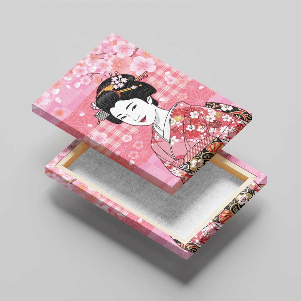 Japanese Geisha Cherry Blossom Canvas Wall Art Pink Palaka Hawaii Pattern Fusion Design