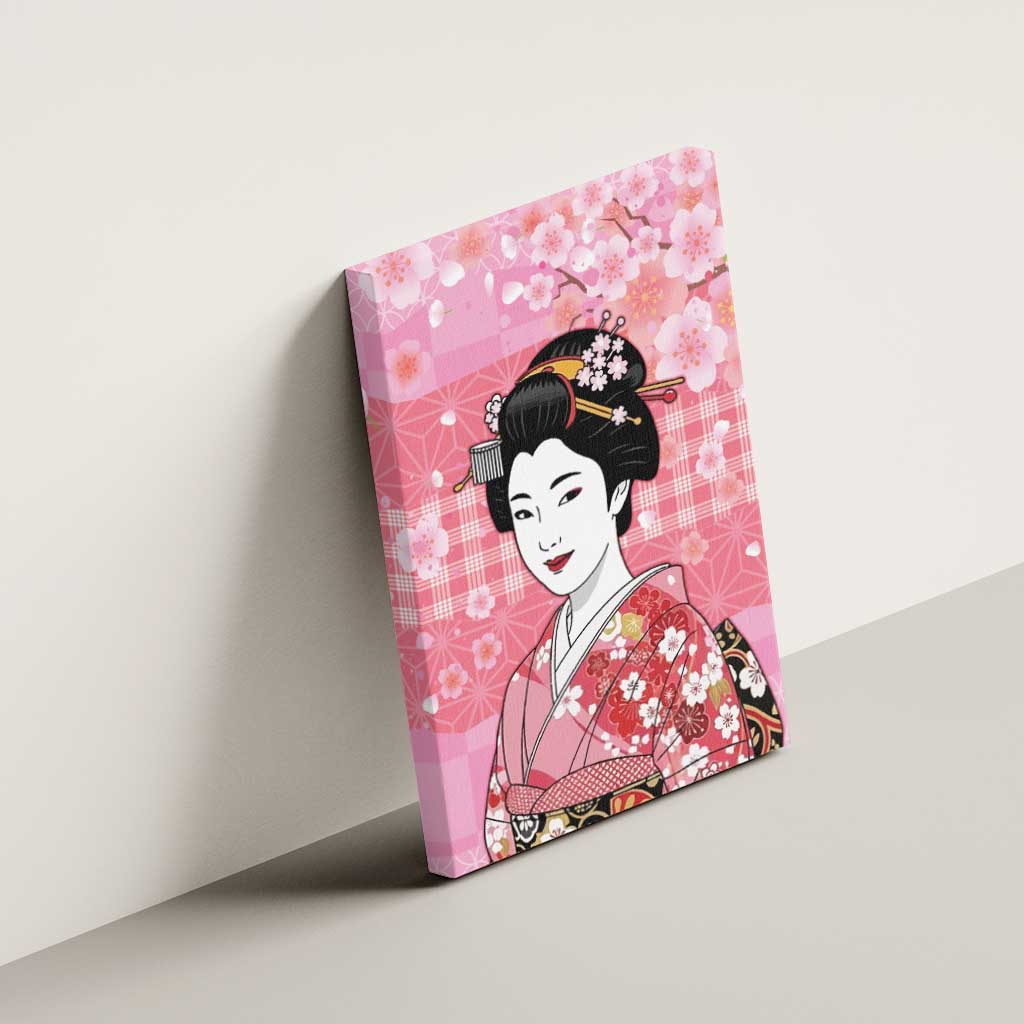 Japanese Geisha Cherry Blossom Canvas Wall Art Pink Palaka Hawaii Pattern Fusion Design