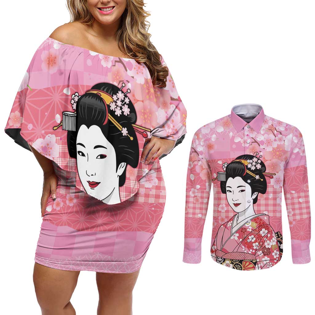 Japanese Geisha Cherry Blossom Couples Matching Off Shoulder Short Dress and Long Sleeve Button Shirt Pink Palaka Hawaii Pattern Fusion Design