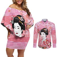Japanese Geisha Cherry Blossom Couples Matching Off Shoulder Short Dress and Long Sleeve Button Shirt Pink Palaka Hawaii Pattern Fusion Design