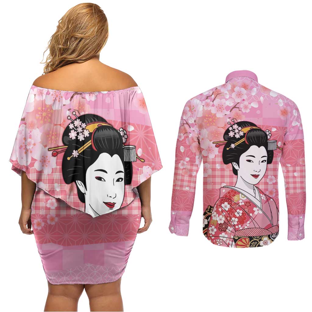Japanese Geisha Cherry Blossom Couples Matching Off Shoulder Short Dress and Long Sleeve Button Shirt Pink Palaka Hawaii Pattern Fusion Design
