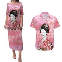 Japanese Geisha Cherry Blossom Couples Matching Puletasi and Hawaiian Shirt Pink Palaka Hawaii Pattern Fusion Design