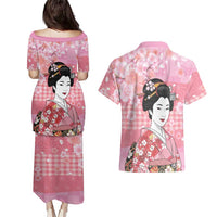 Japanese Geisha Cherry Blossom Couples Matching Puletasi and Hawaiian Shirt Pink Palaka Hawaii Pattern Fusion Design