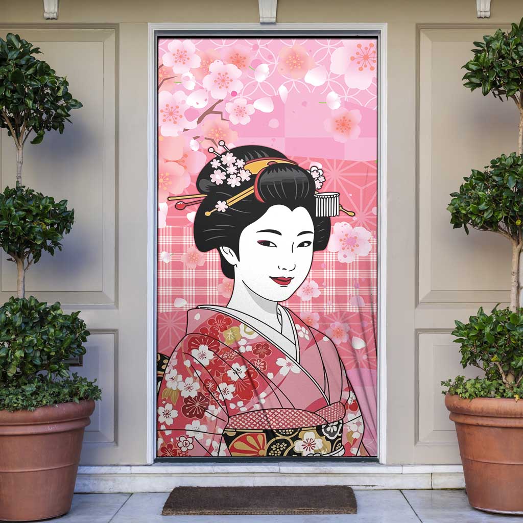 Japanese Geisha Cherry Blossom Door Cover Pink Palaka Hawaii Pattern Fusion Design