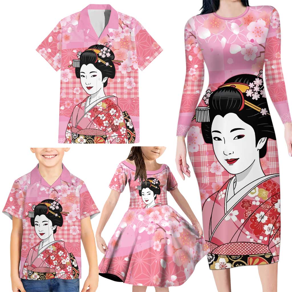 Japanese Geisha Cherry Blossom Family Matching Long Sleeve Bodycon Dress and Hawaiian Shirt Pink Palaka Hawaii Pattern Fusion Design