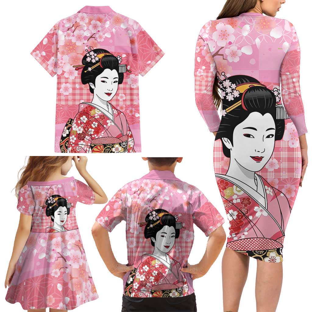 Japanese Geisha Cherry Blossom Family Matching Long Sleeve Bodycon Dress and Hawaiian Shirt Pink Palaka Hawaii Pattern Fusion Design