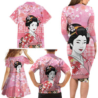 Japanese Geisha Cherry Blossom Family Matching Long Sleeve Bodycon Dress and Hawaiian Shirt Pink Palaka Hawaii Pattern Fusion Design