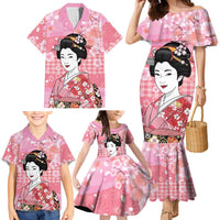 Japanese Geisha Cherry Blossom Family Matching Mermaid Dress and Hawaiian Shirt Pink Palaka Hawaii Pattern Fusion Design