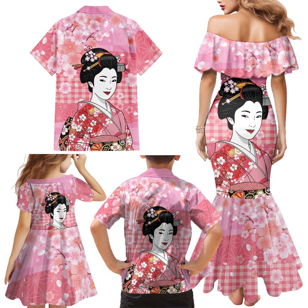 Japanese Geisha Cherry Blossom Family Matching Mermaid Dress and Hawaiian Shirt Pink Palaka Hawaii Pattern Fusion Design