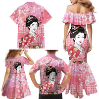 Japanese Geisha Cherry Blossom Family Matching Mermaid Dress and Hawaiian Shirt Pink Palaka Hawaii Pattern Fusion Design