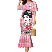 Japanese Geisha Cherry Blossom Family Matching Mermaid Dress and Hawaiian Shirt Pink Palaka Hawaii Pattern Fusion Design