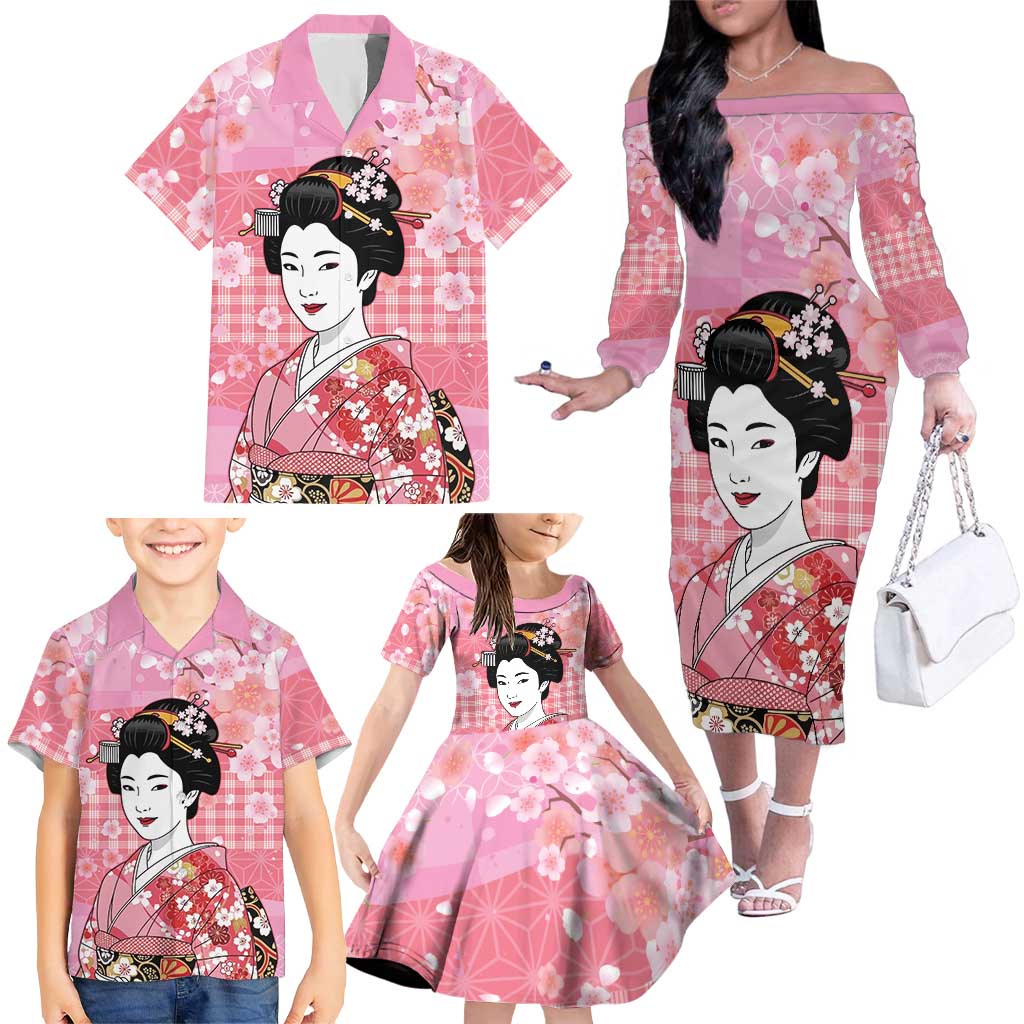 Japanese Geisha Cherry Blossom Family Matching Off The Shoulder Long Sleeve Dress and Hawaiian Shirt Pink Palaka Hawaii Pattern Fusion Design