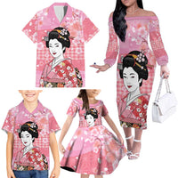 Japanese Geisha Cherry Blossom Family Matching Off The Shoulder Long Sleeve Dress and Hawaiian Shirt Pink Palaka Hawaii Pattern Fusion Design