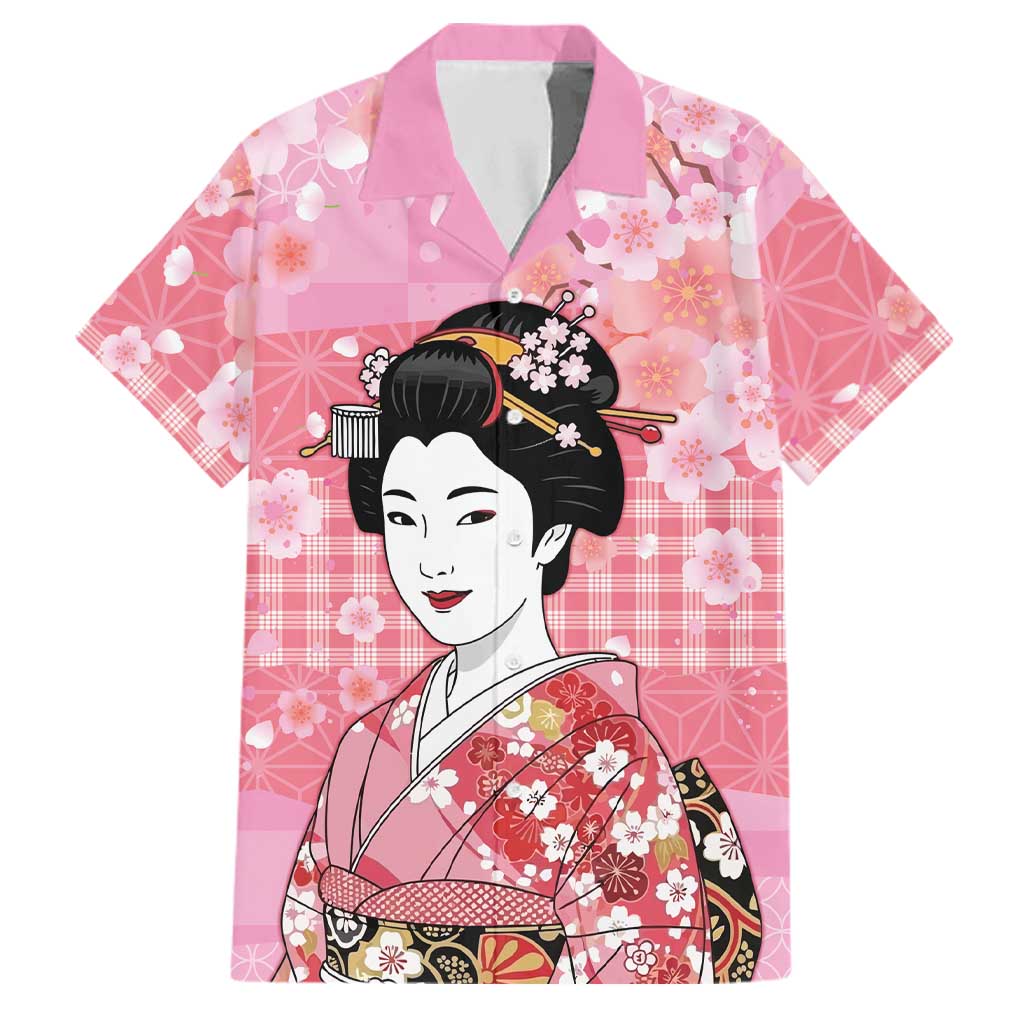 Japanese Geisha Cherry Blossom Family Matching Off The Shoulder Long Sleeve Dress and Hawaiian Shirt Pink Palaka Hawaii Pattern Fusion Design