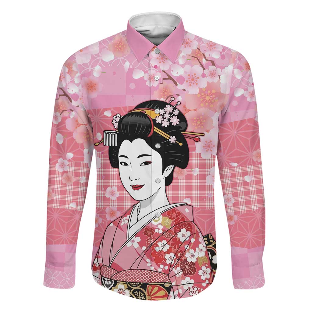 Japanese Geisha Cherry Blossom Family Matching Off The Shoulder Long Sleeve Dress and Hawaiian Shirt Pink Palaka Hawaii Pattern Fusion Design