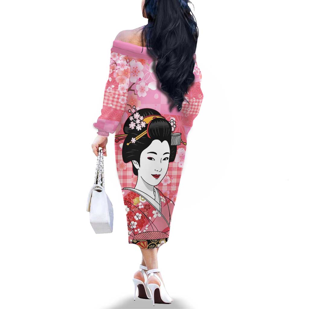 Japanese Geisha Cherry Blossom Family Matching Off The Shoulder Long Sleeve Dress and Hawaiian Shirt Pink Palaka Hawaii Pattern Fusion Design
