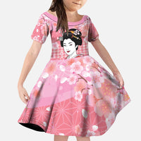 Japanese Geisha Cherry Blossom Family Matching Off Shoulder Short Dress and Hawaiian Shirt Pink Palaka Hawaii Pattern Fusion Design LT19 Daughter's Dress Pink - Polynesian Pride