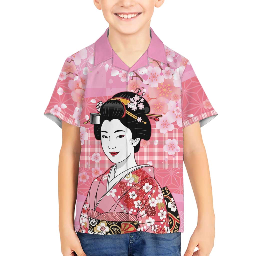 Japanese Geisha Cherry Blossom Family Matching Off Shoulder Short Dress and Hawaiian Shirt Pink Palaka Hawaii Pattern Fusion Design LT19 Son's Shirt Pink - Polynesian Pride
