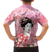 Japanese Geisha Cherry Blossom Family Matching Short Sleeve Bodycon Dress and Hawaiian Shirt Pink Palaka Hawaii Pattern Fusion Design