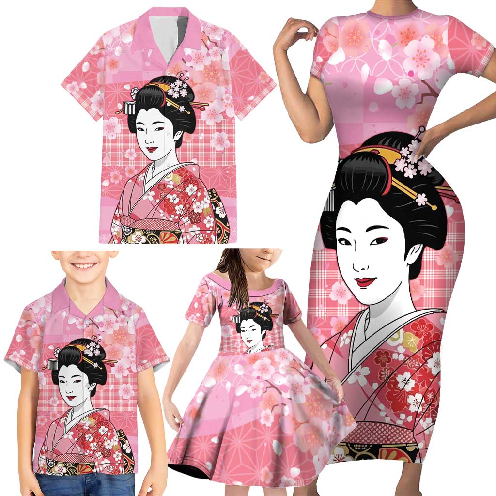 Japanese Geisha Cherry Blossom Family Matching Short Sleeve Bodycon Dress and Hawaiian Shirt Pink Palaka Hawaii Pattern Fusion Design LT19 - Polynesian Pride