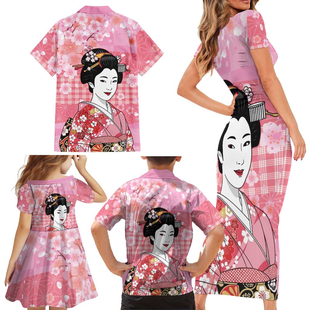 Japanese Geisha Cherry Blossom Family Matching Short Sleeve Bodycon Dress and Hawaiian Shirt Pink Palaka Hawaii Pattern Fusion Design