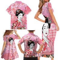 Japanese Geisha Cherry Blossom Family Matching Short Sleeve Bodycon Dress and Hawaiian Shirt Pink Palaka Hawaii Pattern Fusion Design