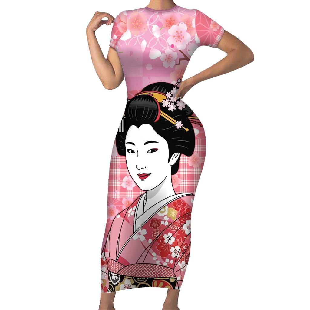 Japanese Geisha Cherry Blossom Family Matching Short Sleeve Bodycon Dress and Hawaiian Shirt Pink Palaka Hawaii Pattern Fusion Design