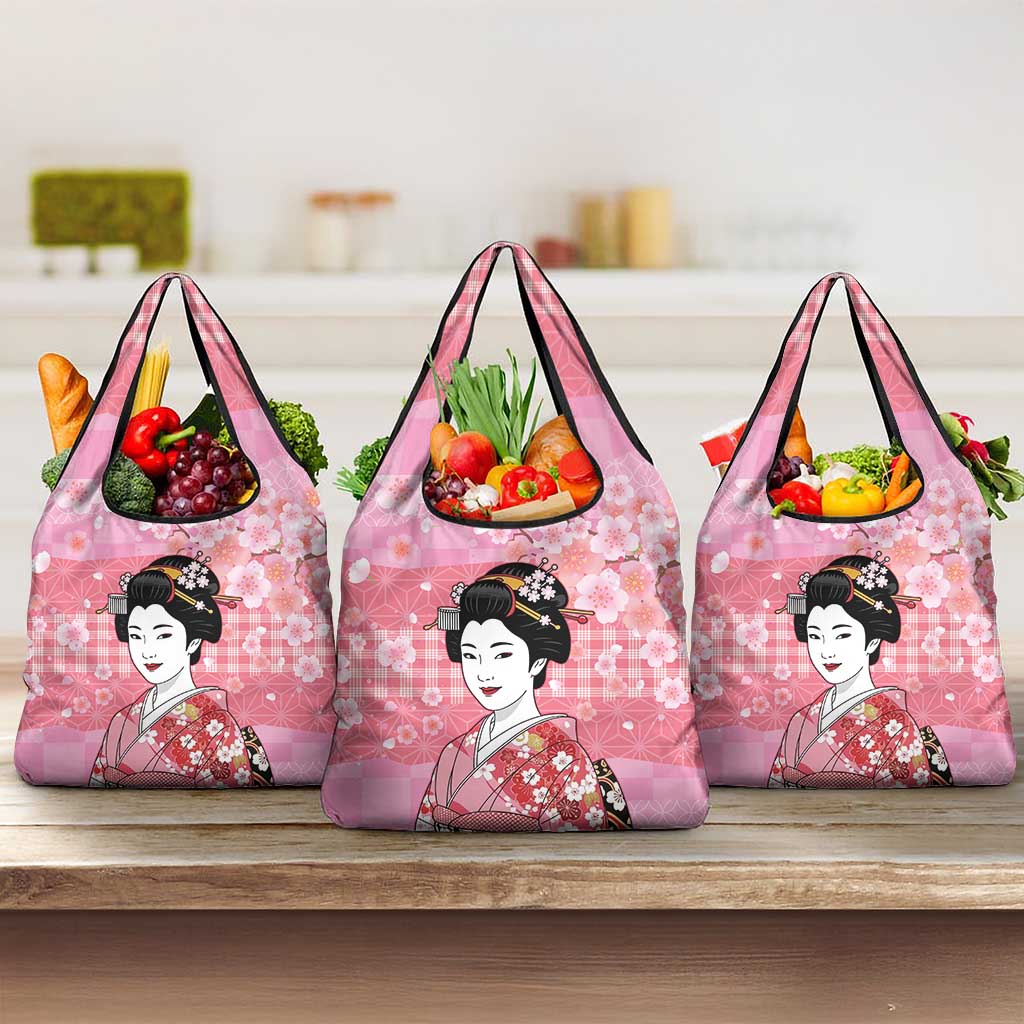 Japanese Geisha Cherry Blossom Grocery Bag Pink Palaka Hawaii Pattern Fusion Design