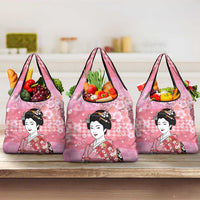 Japanese Geisha Cherry Blossom Grocery Bag Pink Palaka Hawaii Pattern Fusion Design