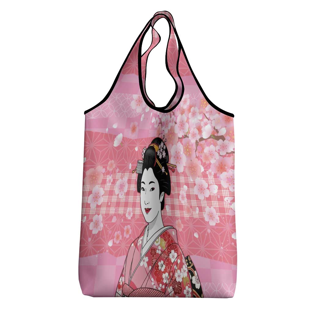Japanese Geisha Cherry Blossom Grocery Bag Pink Palaka Hawaii Pattern Fusion Design