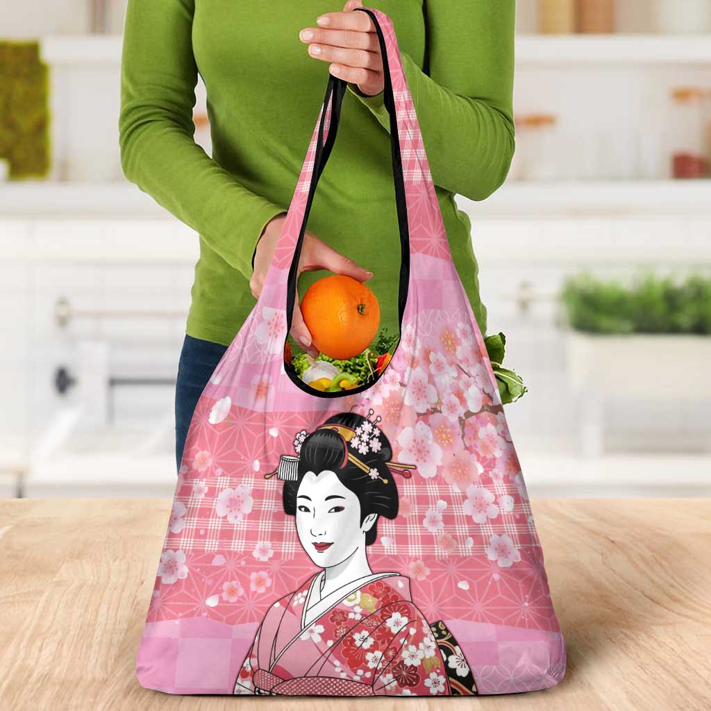 Japanese Geisha Cherry Blossom Grocery Bag Pink Palaka Hawaii Pattern Fusion Design