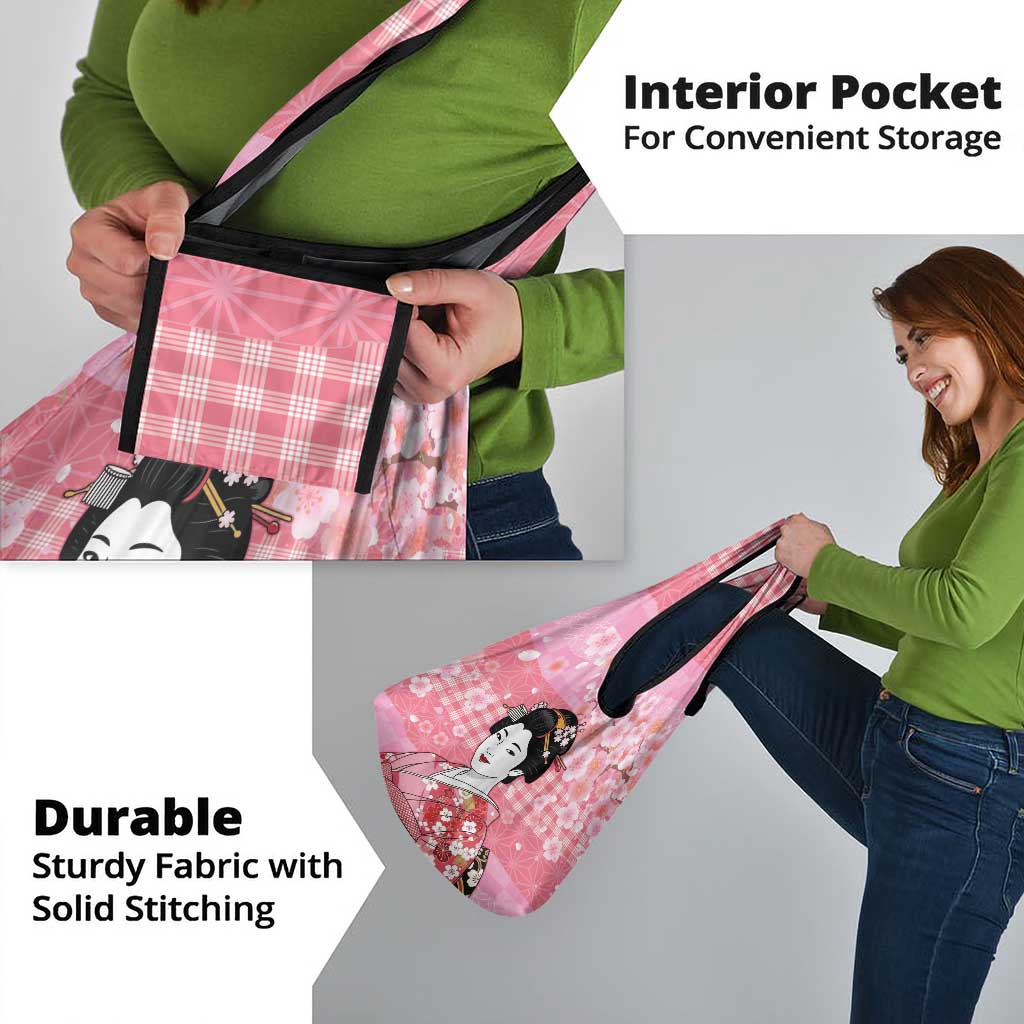 Japanese Geisha Cherry Blossom Grocery Bag Pink Palaka Hawaii Pattern Fusion Design