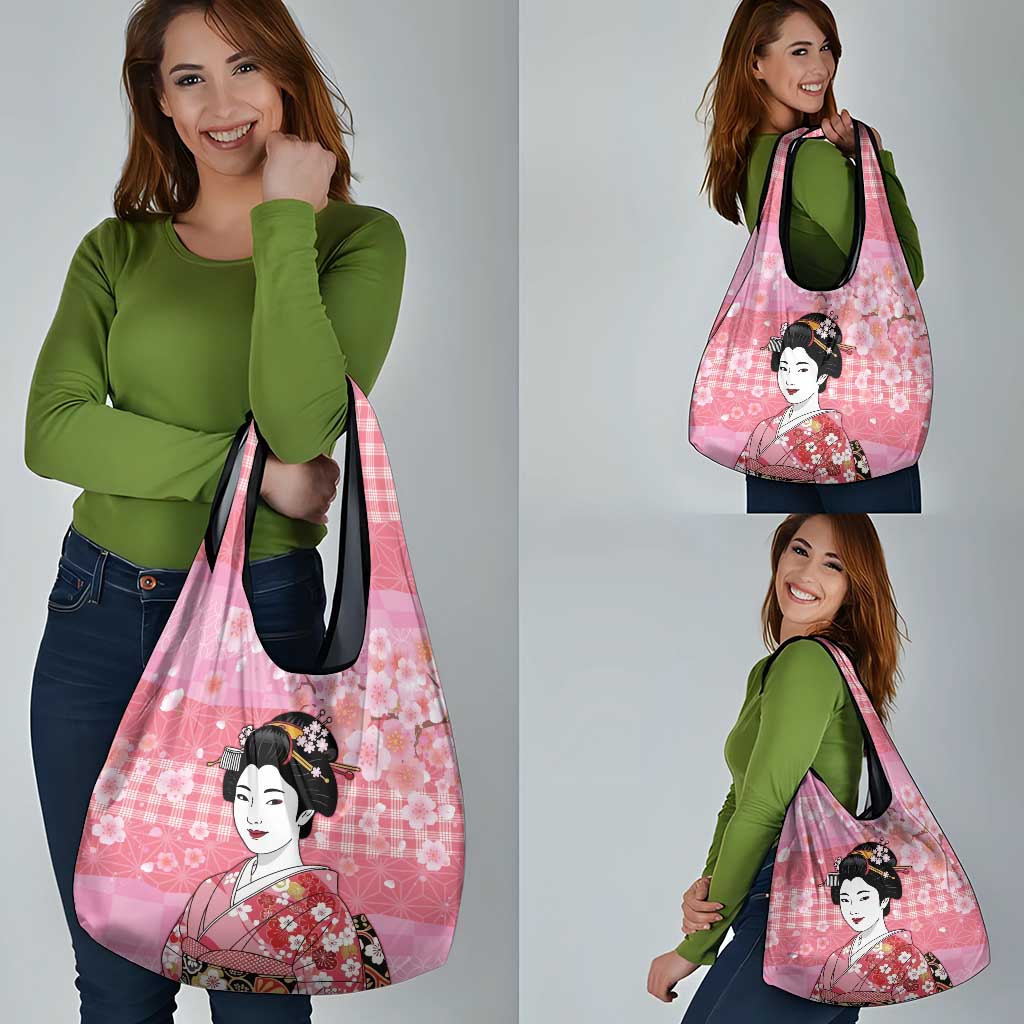 Japanese Geisha Cherry Blossom Grocery Bag Pink Palaka Hawaii Pattern Fusion Design