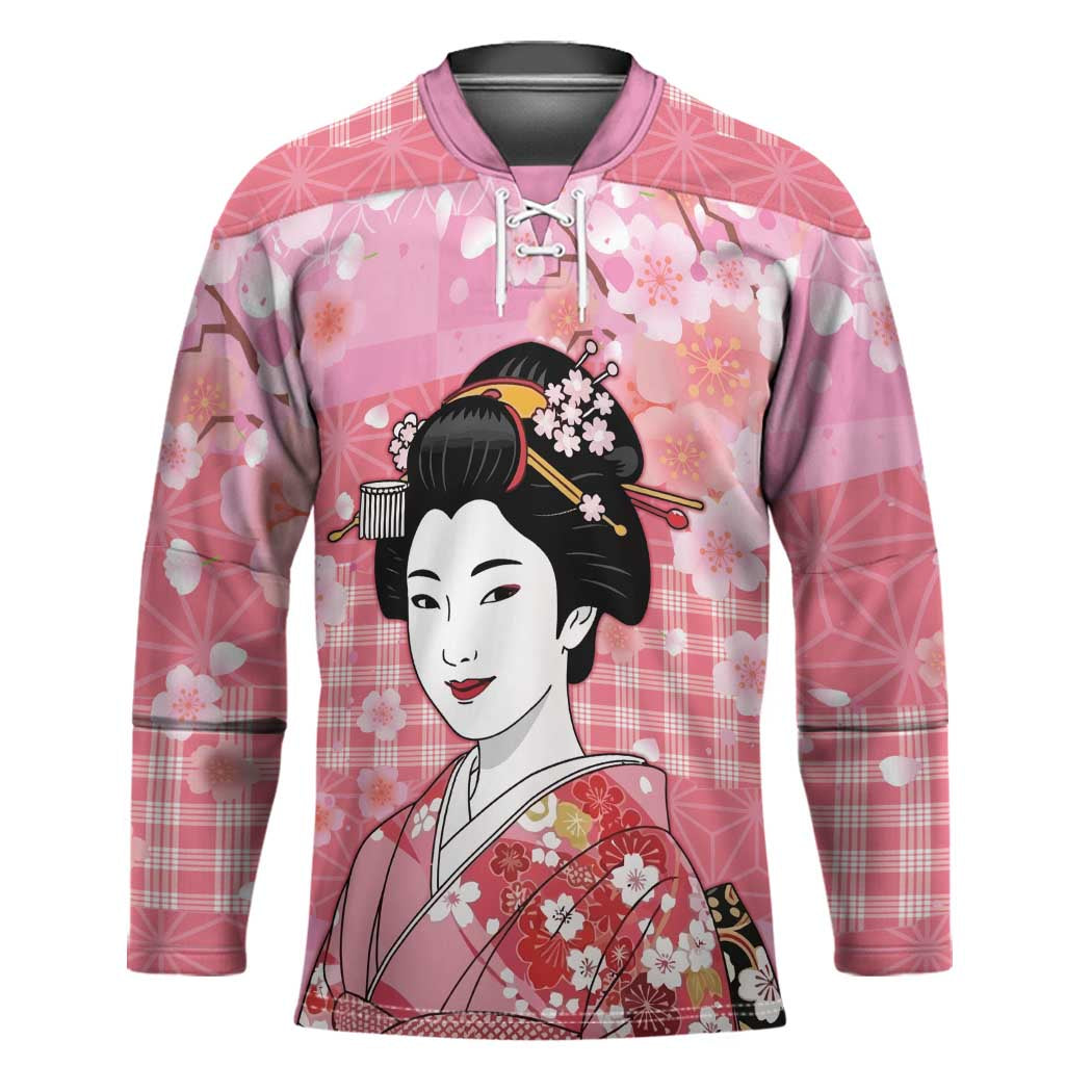 Japanese Geisha Cherry Blossom Hockey Jersey Pink Palaka Hawaii Pattern Fusion Design