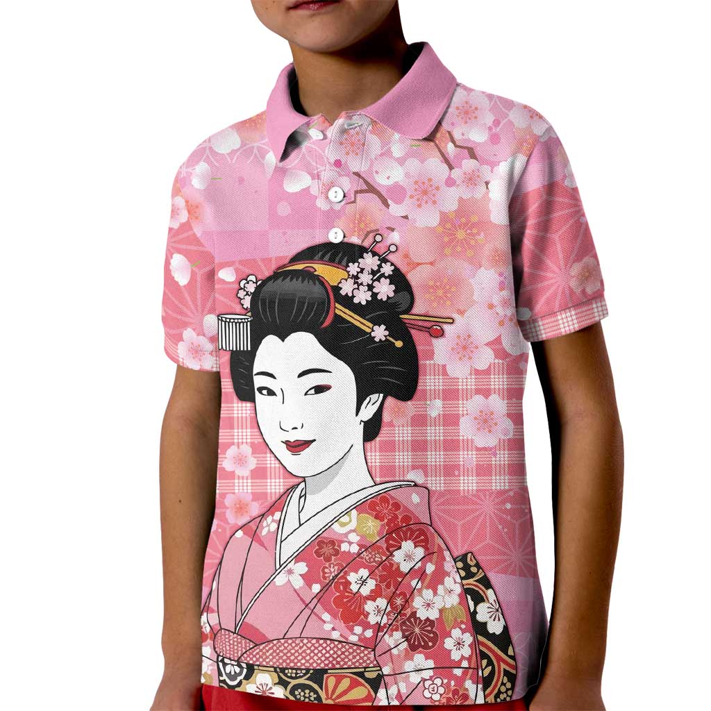 Japanese Geisha Cherry Blossom Kid Polo Shirt Pink Palaka Hawaii Pattern Fusion Design