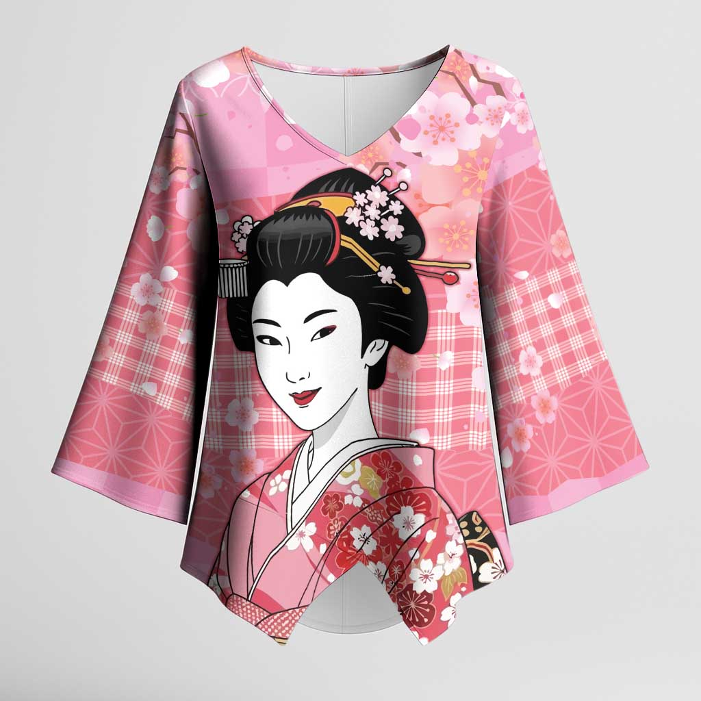 Japanese Geisha Cherry Blossom Kimono Sleeve Blouse Pink Palaka Hawaii Pattern Fusion Design