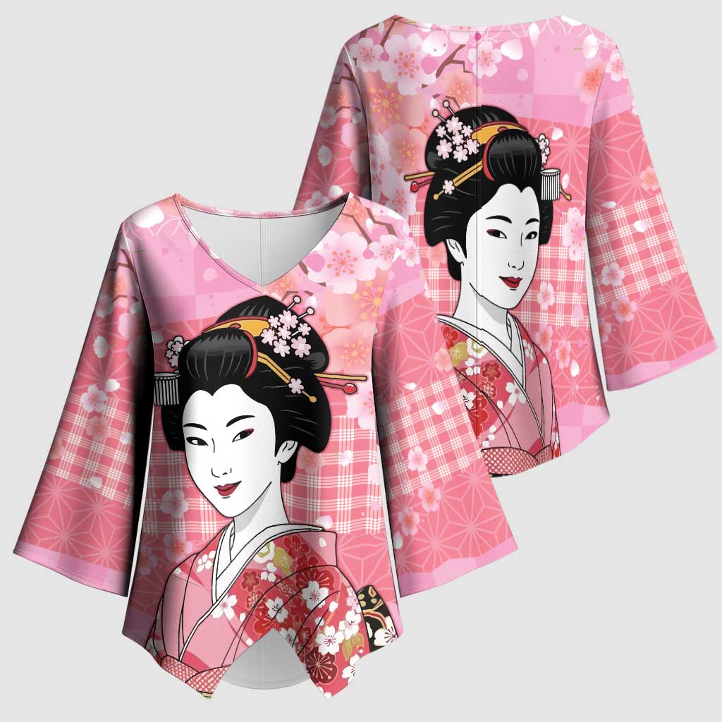Japanese Geisha Cherry Blossom Kimono Sleeve Blouse Pink Palaka Hawaii Pattern Fusion Design
