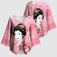 Japanese Geisha Cherry Blossom Kimono Sleeve Blouse Pink Palaka Hawaii Pattern Fusion Design