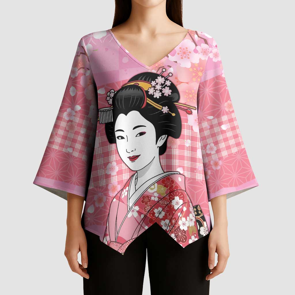 Japanese Geisha Cherry Blossom Kimono Sleeve Blouse Pink Palaka Hawaii Pattern Fusion Design