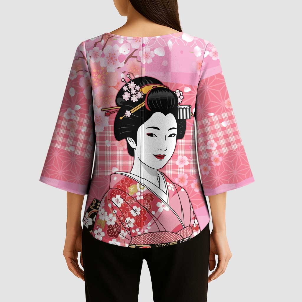 Japanese Geisha Cherry Blossom Kimono Sleeve Blouse Pink Palaka Hawaii Pattern Fusion Design