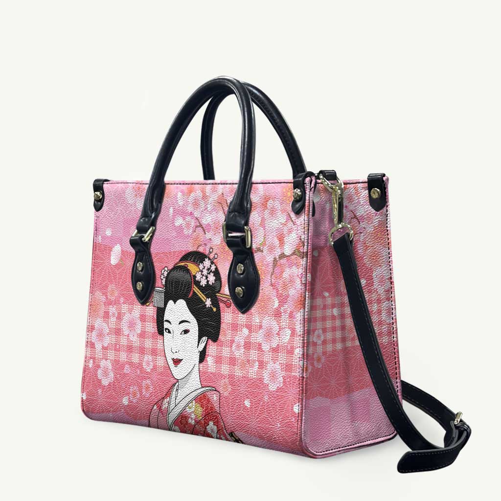 Japanese Geisha Cherry Blossom Leather Bag Pink Palaka Hawaii Pattern Fusion Design