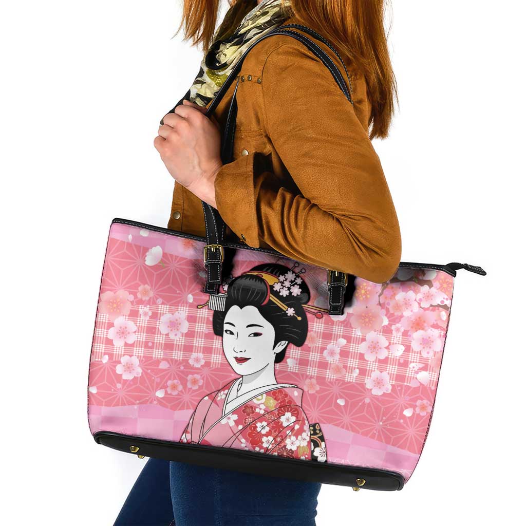 Japanese Geisha Cherry Blossom Leather Tote Bag Pink Palaka Hawaii Pattern Fusion Design