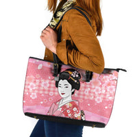 Japanese Geisha Cherry Blossom Leather Tote Bag Pink Palaka Hawaii Pattern Fusion Design