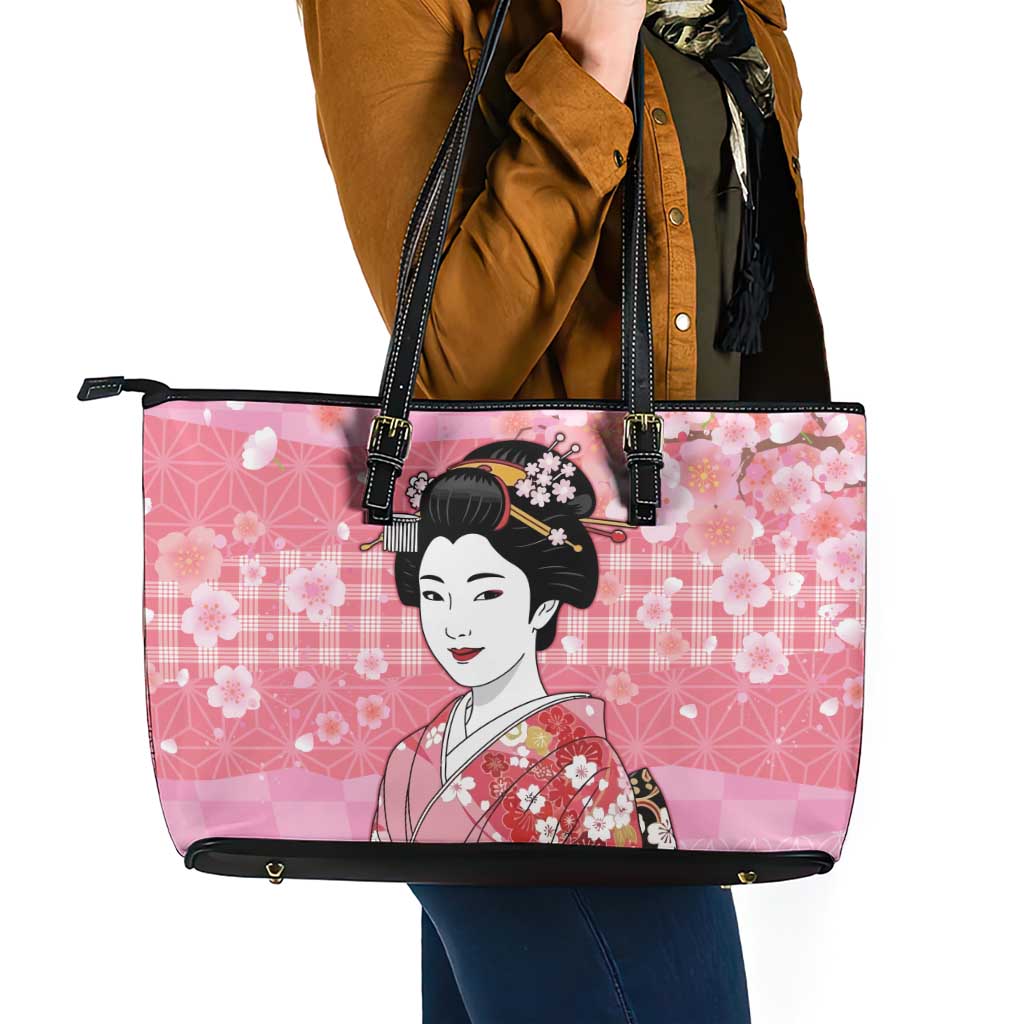 Japanese Geisha Cherry Blossom Leather Tote Bag Pink Palaka Hawaii Pattern Fusion Design